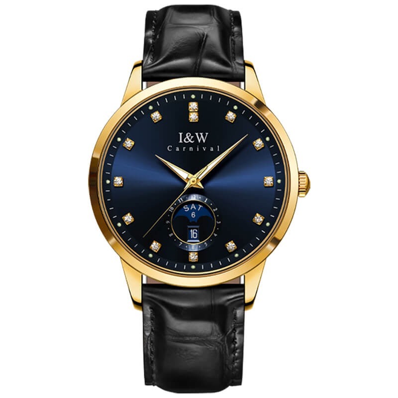Đồng hồ nam chính hãng I&W Carnival IW625 IW625G 625 625G dây da máy cơ kính sapphire nguyên khối