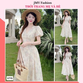 V715, RC797 Váy kem xoè hoa nhí vintage cổ V tay bồng nữ tính [TH HA LE]