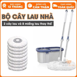   SHIP HỎA TỐC  Bộ cây lau nhà xoay 360 độ kèm 2 cây lau và 8 miếng lau thay thế 