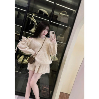  Set len nữ áo len hở vai rút dây dài tay fom rộng kèm chân váy len xếp ly dáng ngắn mùa thu đông 