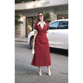  Váy thun xoè dáng dài cổ V phối trắng HAGOO phong cách tối giản sang trọng  V9029  