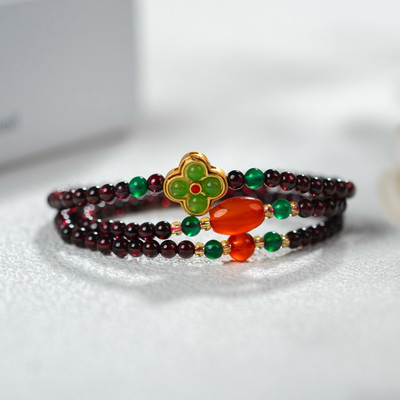 Vòng Tay Quấn 3 Vòng Hồng Ngọc Lựu Garnet Mix Charm Đá Mã Não - Ngọc Trai Trường Thịnh