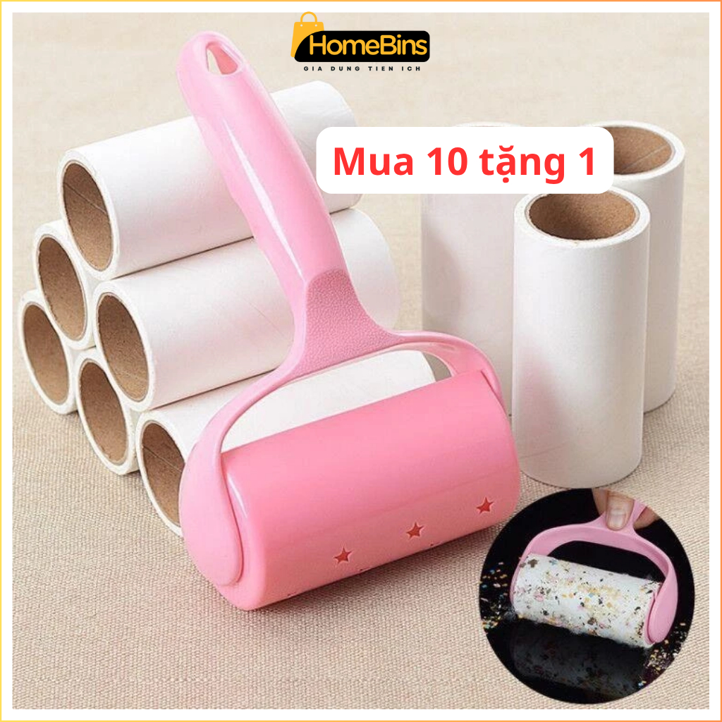 Combo 10 Lõi Tặng 1 Cán - Cây Lăn Bụi 10cm, Làm Sạch Quần Áo Ga Giường Sofa Lông Chó Mèo