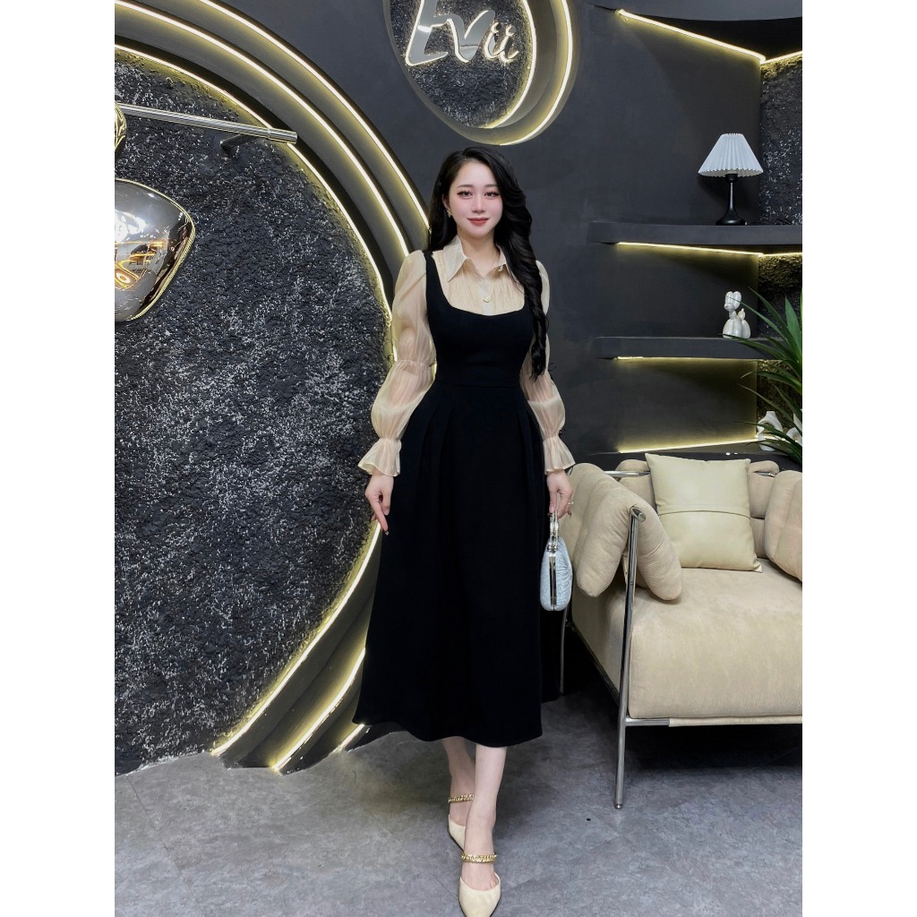 G10 - Váy Thiết Kế Evii dành cho nữ,Đầm thiết kế cổ đức phối tơ,tay nhún cách điệu nơ liền dáng A xò