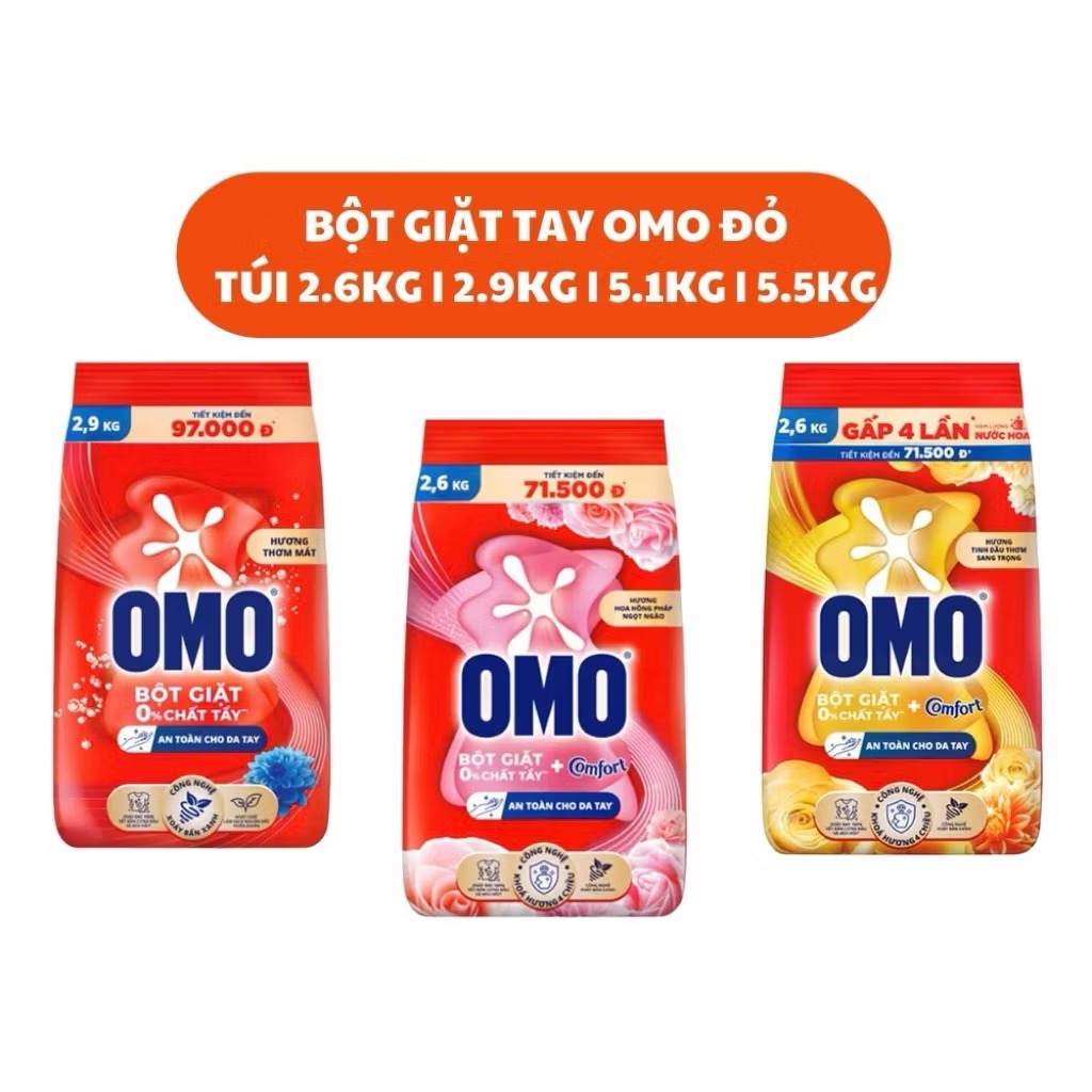 Bột Giặt Tay Omo 5.1kg/5,5kg/4,3kg/2,9kg/2,6kg/1,15kg comfort, hoa hồng pháp