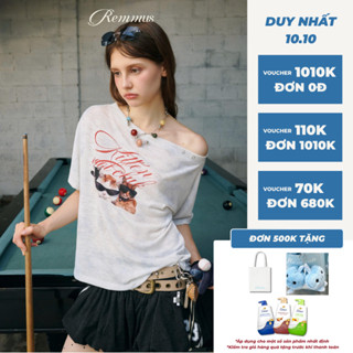 Playday Tee - Remmus | Áo thun lệch vai cách điệu in hình mèo cho nữ