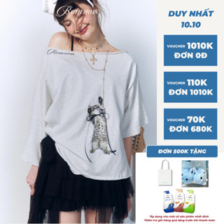 Cheeky Meow Top - Remmus | Áo trễ vai form oversize in mèo đính kèm kèm nơ