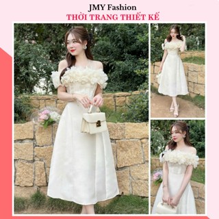  V416 RC404 Váy đầm kem tafta xòe trễ vai dự tiệc  TH Hà Thanh  váy tafta kem phối cổ lưới đính hoa ngực 3D sang chảnh 