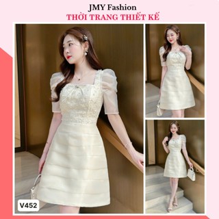  V452 RC430 Váy đầm kem tafta phối voan đính hoa nhí nổi cổ vuông tay bồng dự tiệc  TH Hà Thanh  