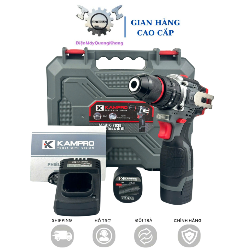 Máy Khoan Pin KAMPRO 7038 Xám, 3 Chức Năng, Đầu Kẹp Autolock, Động Cơ Không Chổi Than