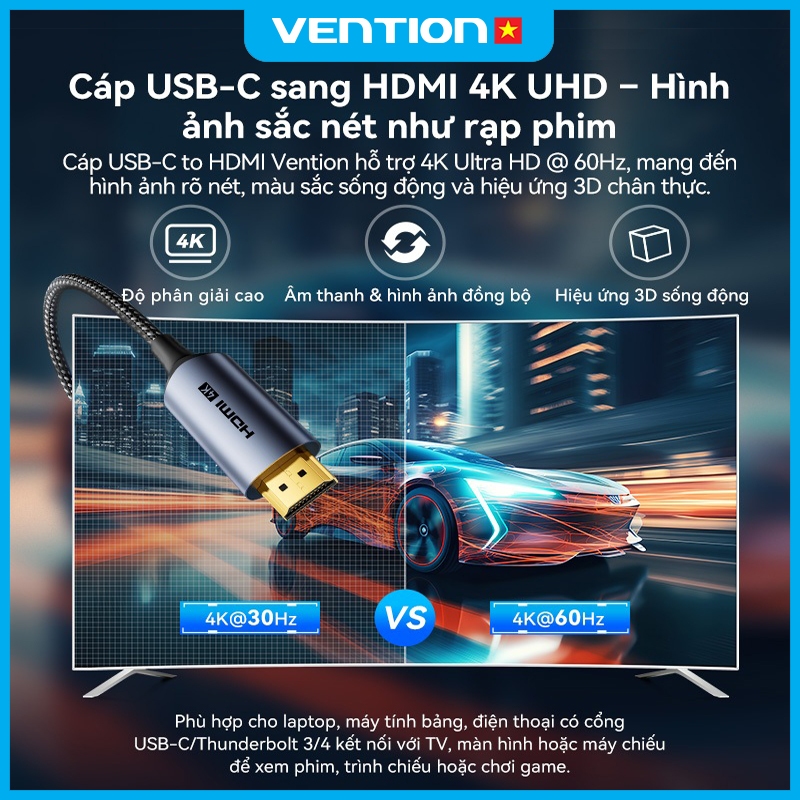 Cáp Chuyển Đổi USB-C Sang HDMI Vention Hỗ Trợ Phân Giải 4K@60Hz, Đầu Nối Mạ Vàng Truyền Tải Tốt | BigBuy360 - bigbuy360.vn
