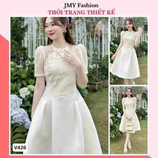 V426 Váy đầm tafta kem phối ren lưới dáng A xòe sang chảnh [TH Hà Thanh] váy kem kết ren nổi dự tiệc