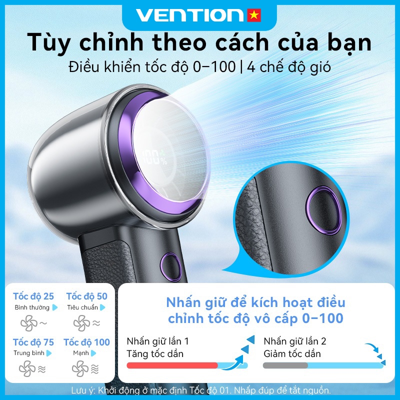 Quạt Cầm Tay 3000mAh Vention Sạc USB-C, Tốc Độ 1-100 Cấp, Công Suất 11.1Wh, Vỏ ABS + PC Bền Nhẹ | BigBuy360 - bigbuy360.vn