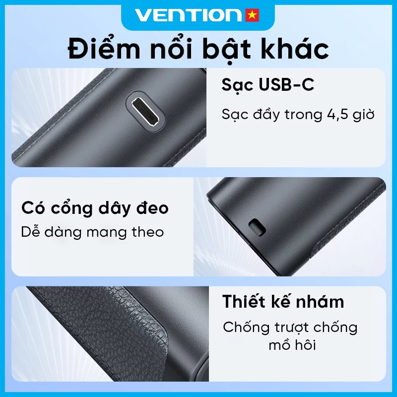 Quạt Cầm Tay 3000mAh Vention Sạc USB-C, Tốc Độ 1-100 Cấp, Công Suất 11.1Wh, Vỏ ABS + PC Bền Nhẹ | BigBuy360 - bigbuy360.vn