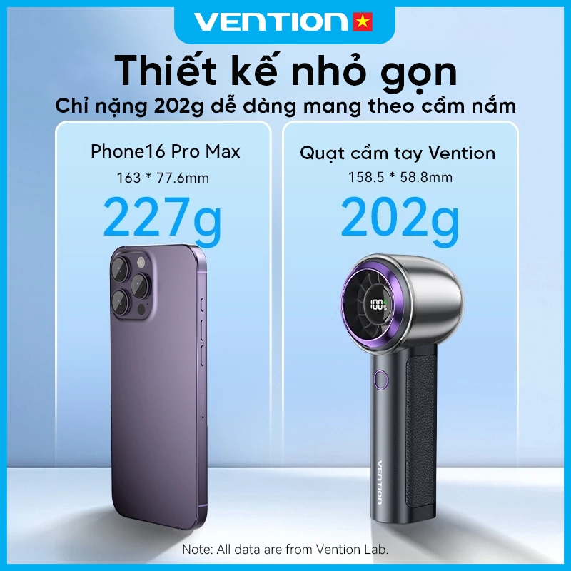Quạt Cầm Tay 3000mAh Vention Sạc USB-C, Tốc Độ 1-100 Cấp, Công Suất 11.1Wh, Vỏ ABS + PC Bền Nhẹ | BigBuy360 - bigbuy360.vn