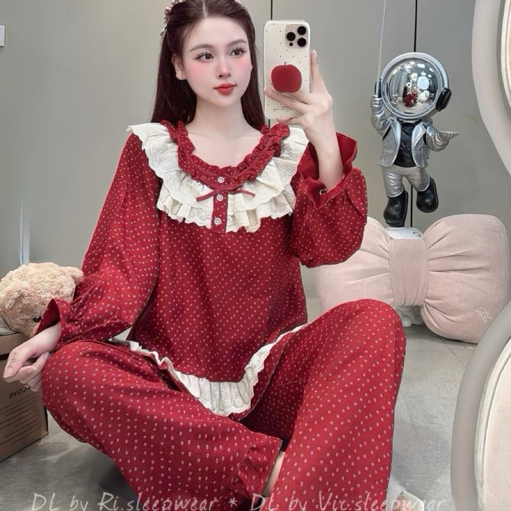 LYNH SAM B08 Bộ tiểu thư mặc nhà đũi hàn cổ bèo nơ nhún size 40-58kg