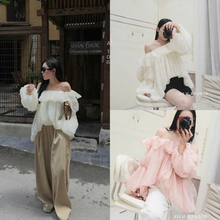  A0.252  Áo Trễ Vai Tơ Xốp Tay Dài Form Rộng Bồng Bềnh Hàng 2 Lớp 2 Màu Siêu Xinh 