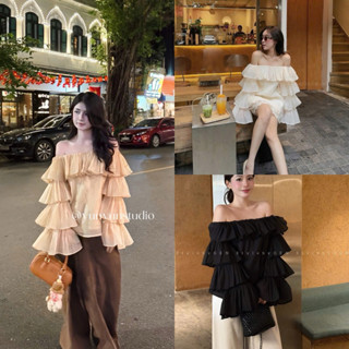   A0.258  Áo Trễ Vai Tơ Xốp Tay Bèo 3 Tầng Xoè Cách Điệu Hàng 2 Lớp 3 Màu 