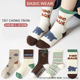  Set 5 Đôi Tất Chống Trơn Cho Bé Trai 1-12 Tuổi Tất Chống Trơn Cổ Cao Bé Trai Khủng Long Dino TE803 