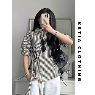  Áo Sơ Mi Kẻ Sọc Dài Tay Chất Vải Mềm Mại Thoáng Mát Thiết Kế Cổ Bẻ Kèm Dây Thắt Eo Tạo Kiểu Đa Dạng 