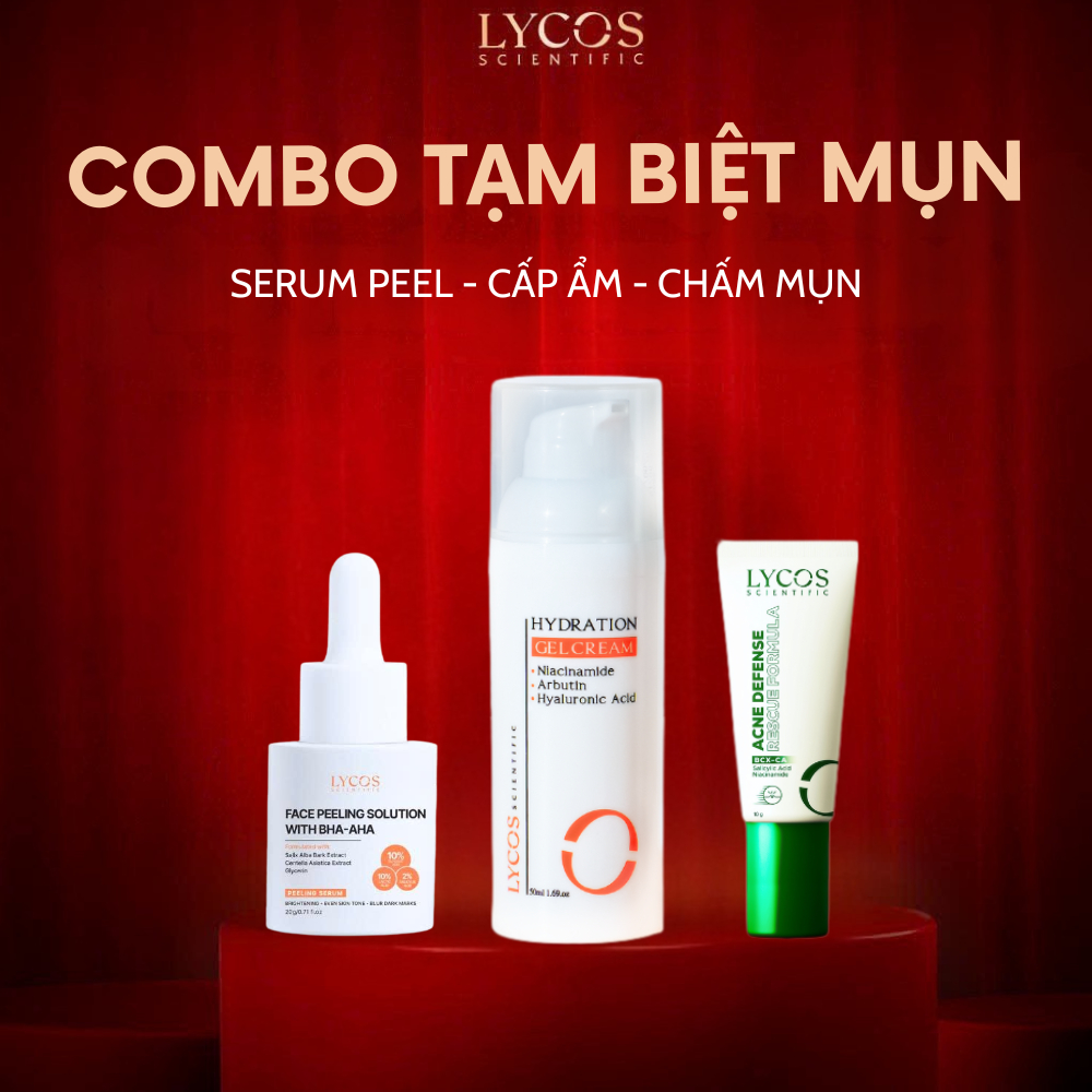Combo Tạm Biệt Mụn Lycos – Peel Da AHA BHA + Gel Chấm Mụn 10g + Kem Dưỡng Cấp Ẩm 30g