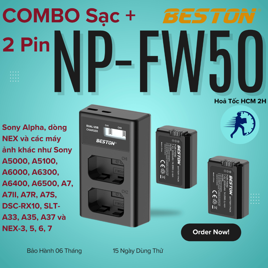 Bộ  Pin FW50 Sạc Đôi Beston NP-FW50 dùng cho máy ảnh Sony FW50 A6000 A6300 A6500 A7 A7 II A7R A7S
