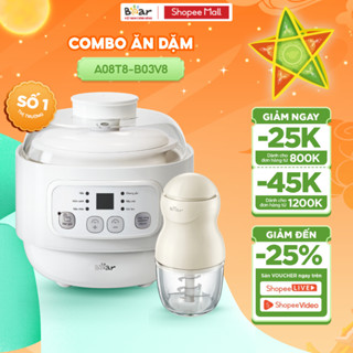 Combo Nồi Nấu Cháo Chậm BEAR 0.8L A08T8 Và Máy Xay Đồ Ăn Dặm Cho Bé 8 Lưỡi Bản Nâng Cấp B03V8