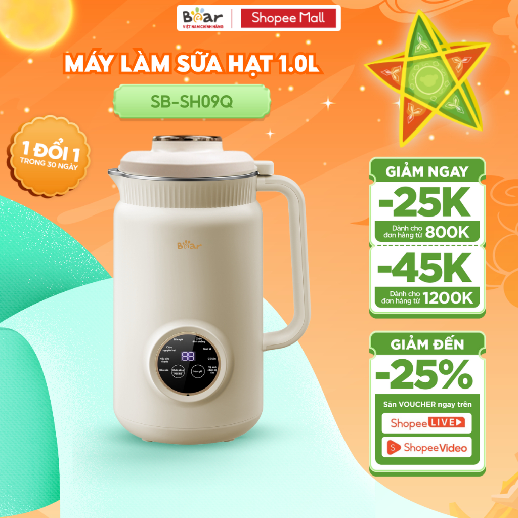 Máy Làm Sữa Hạt Bear 1L Máy Xay Nấu Đa Năng Công Nghệ Xay 3 Chiều, Máy Xay Làm Sữa Hạt, Máy Xay Hạt Làm Sữa SB-SH09Q