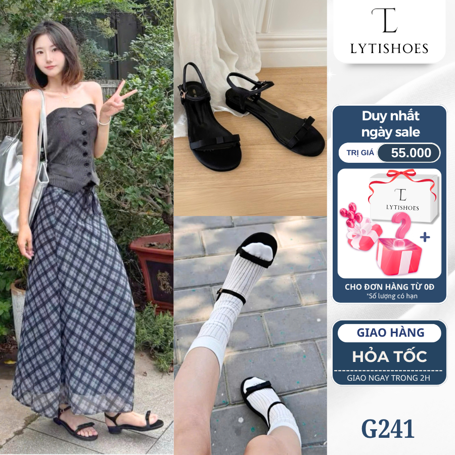 Raven Sandal Dép nữ quai hậu khóa cài mũi nơ lụa satin thời trang công sở dự tiệc đế thấp Lyti.shoes G241 