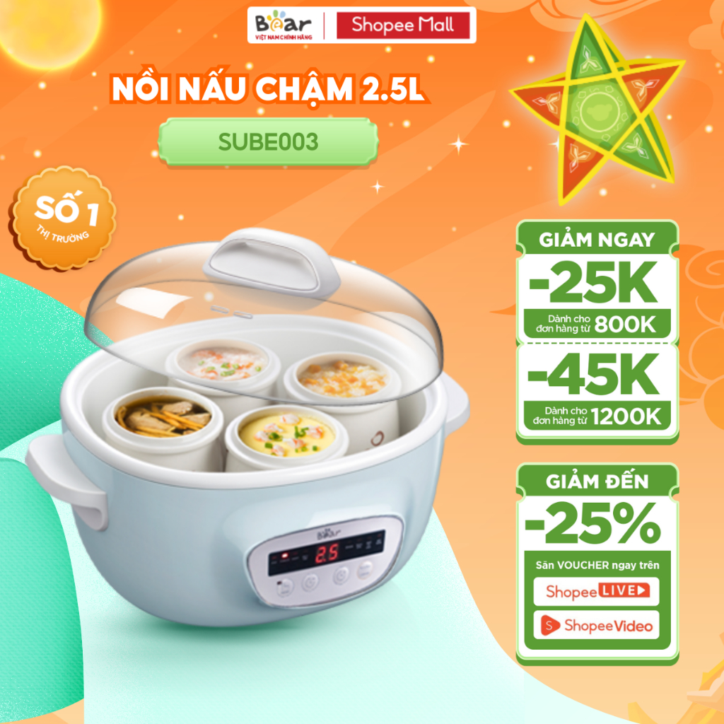 Nồi Nấu Cháo Chậm 2.5L BEAR Nồi Nấu Cháo Chậm Nấu Hầm Cháo Nồi Chưng Yến Bản Tiếng Việt Bảo Hành 18 Tháng - SUBE003