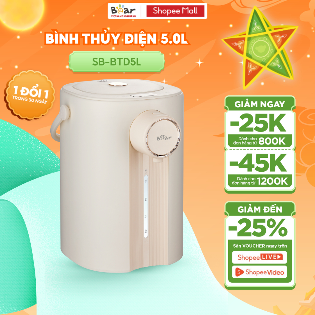 Bình Thủy Điện Bear 5L Bình Đun Nước Nóng Đun Sôi Siêu Nhanh Khử Clo Bình Đun Nước Giữ Nhiệt Có Đèn Dịu Nhẹ SB-BTD5L