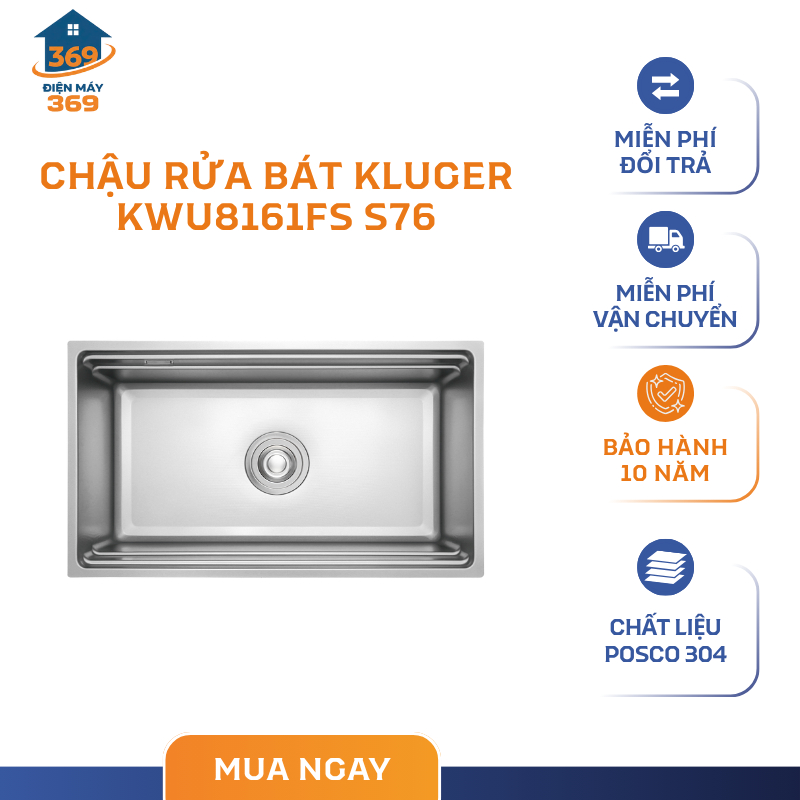 Chậu rửa bát Kluger KWU8161FS-S76 chất liệu inox POSCO 304 chống gỉ, chống ăn mòn - SMC