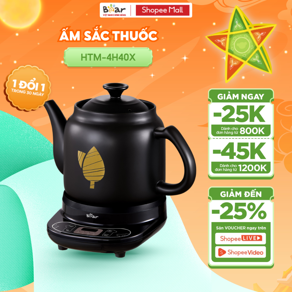 Ấm Sắc Thuốc Bear 4.0L Ấm Sắc Thuốc Bằng Điện Gốm Sứ Chịu Nhiệt Bình Đun Nước Pha Trà Ấm Sắc Thuốc Điện HTM-4H40X