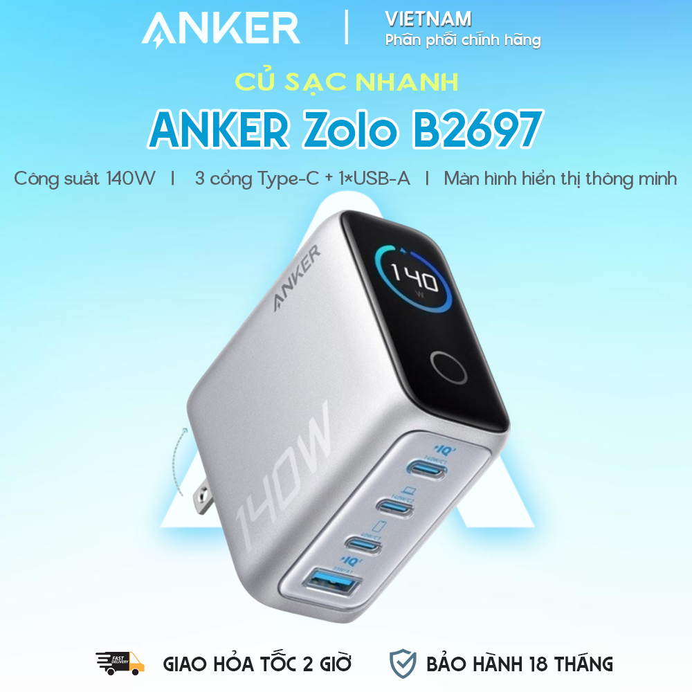 Củ Sạc Nhanh 3C+1A ANKER Zolo B2697 140W (ActiveShield™ 2.0, Smart LED Display, GaN Charger, Kèm Cáp