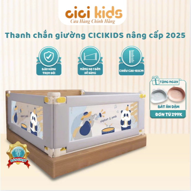 (Mẫu Mới) Thanh Chắn Giường Cho Bé Nâng Cấp 2025, Chắn Giường CiCiKids Nâng Hạ 1&2 Bên Cao 105cm