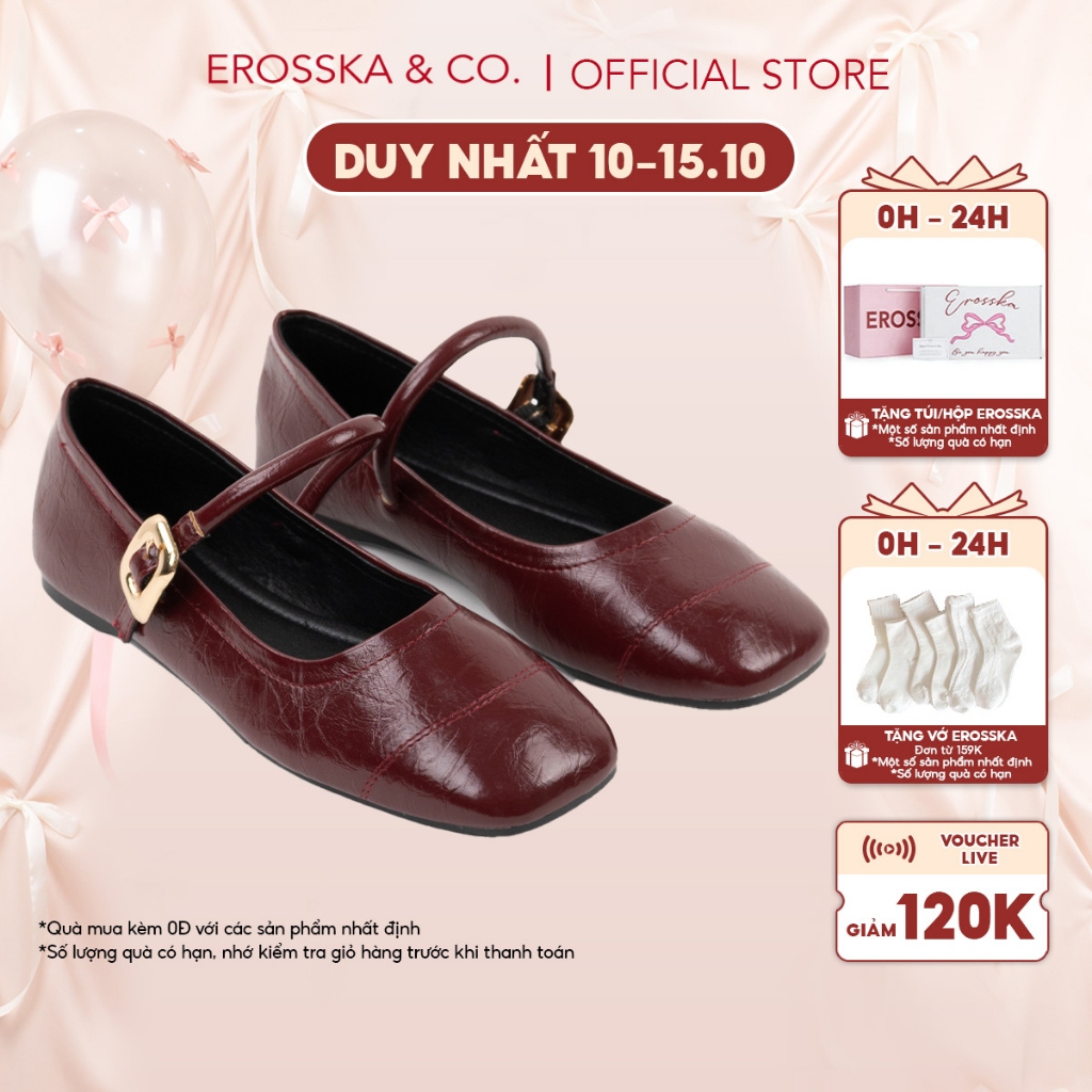 Erosska - Giày búp bê nữ ballet core mũi vuông, quai ngang phối khóa màu nâu  - EL084