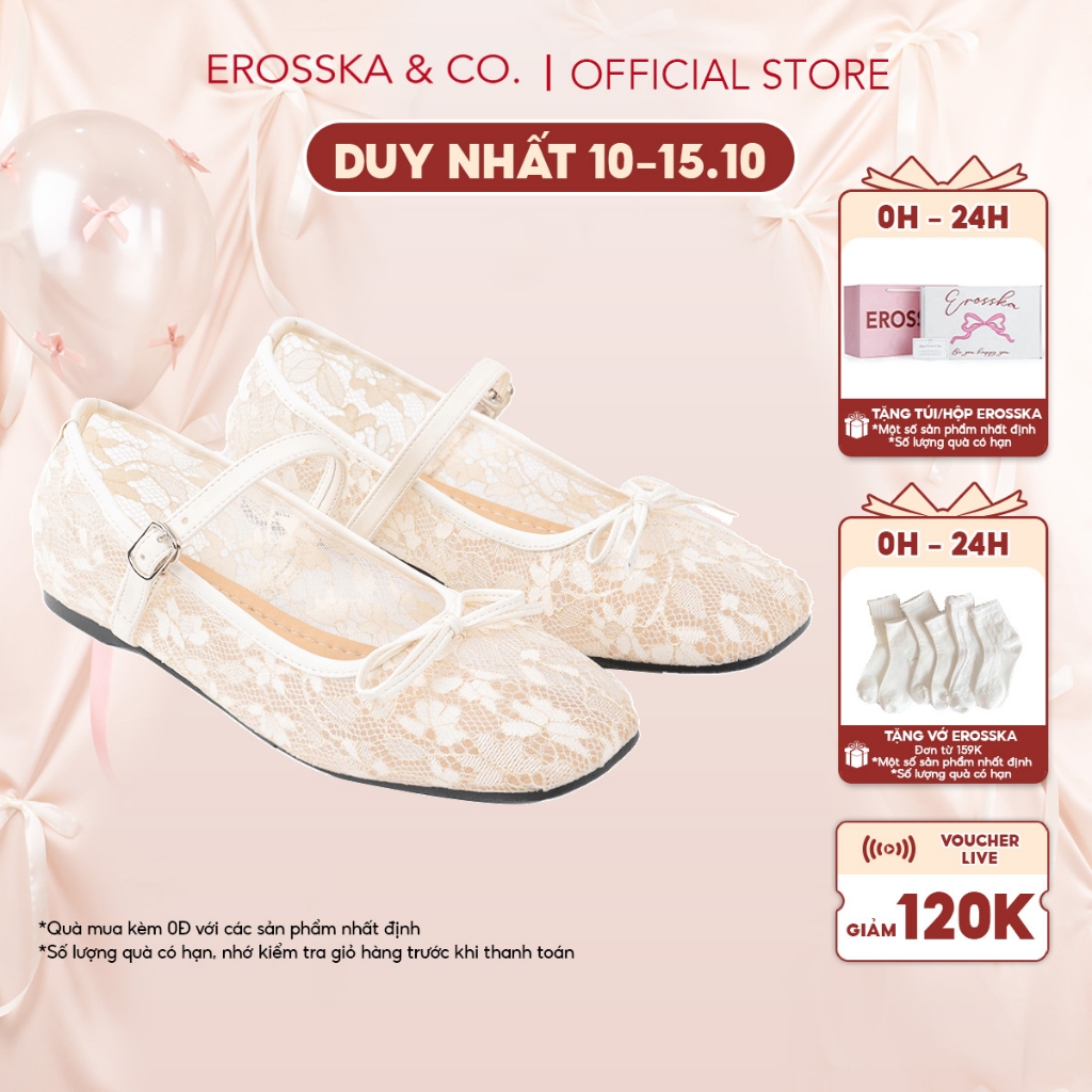 EROSSKA [FORM TO LÙI 1 SIZE] - Giày búp bê nữ balletcore lưới quai ngang phối nơ đơn giản màu trắng kem - EL085
