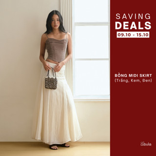 Váy Cạp Trễ Nữ Bồng Midi Skirt Dáng Xòe Nhẹ, Chất Liệu Vải Tơ Nhăn Mềm - oula studios