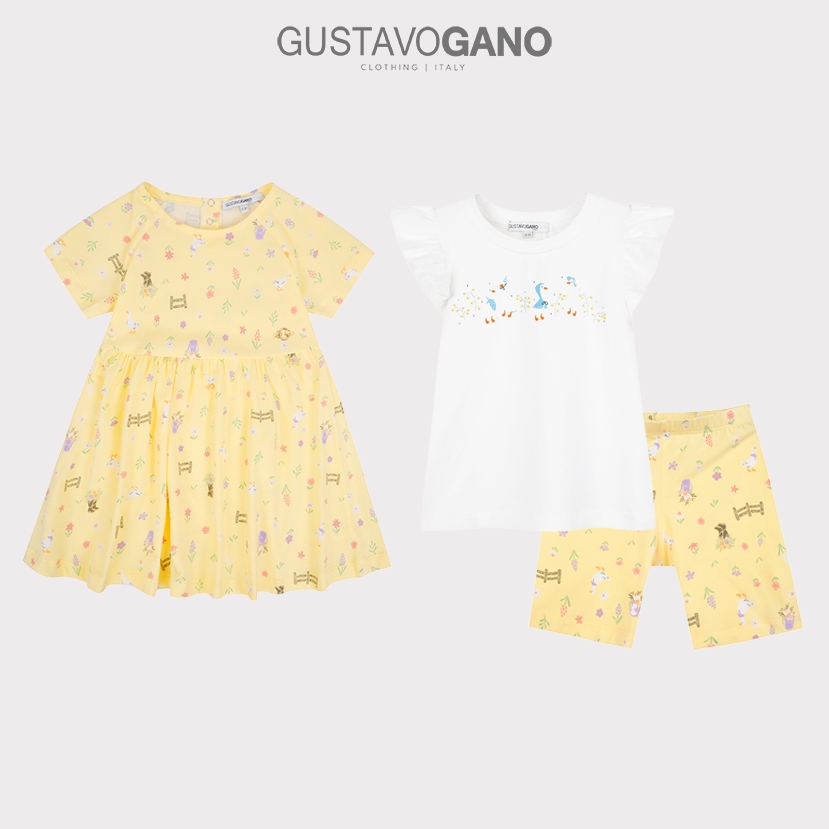 Bộ 3 món - 1 đầm thun và 1 set đồ bộ có hình đáng yêu bé gái Gustavo Gano