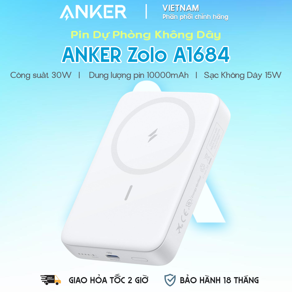 Pin Dự Phòng Từ Tính Kiêm Sạc Không Dây Qi ANKER Zolo A1684 10000mAh 30W (Sạc Không Dây 15W)