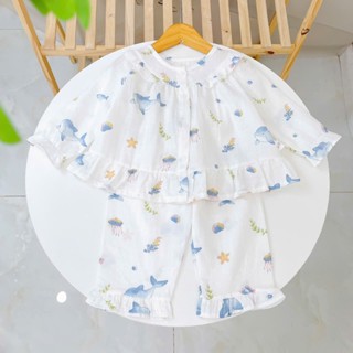 Pijama cho bé gái dài tay mặc ngủ điều hòa babydoll Áo Lá Homewear A254, đồ ngủ trẻ em vải xô cotton