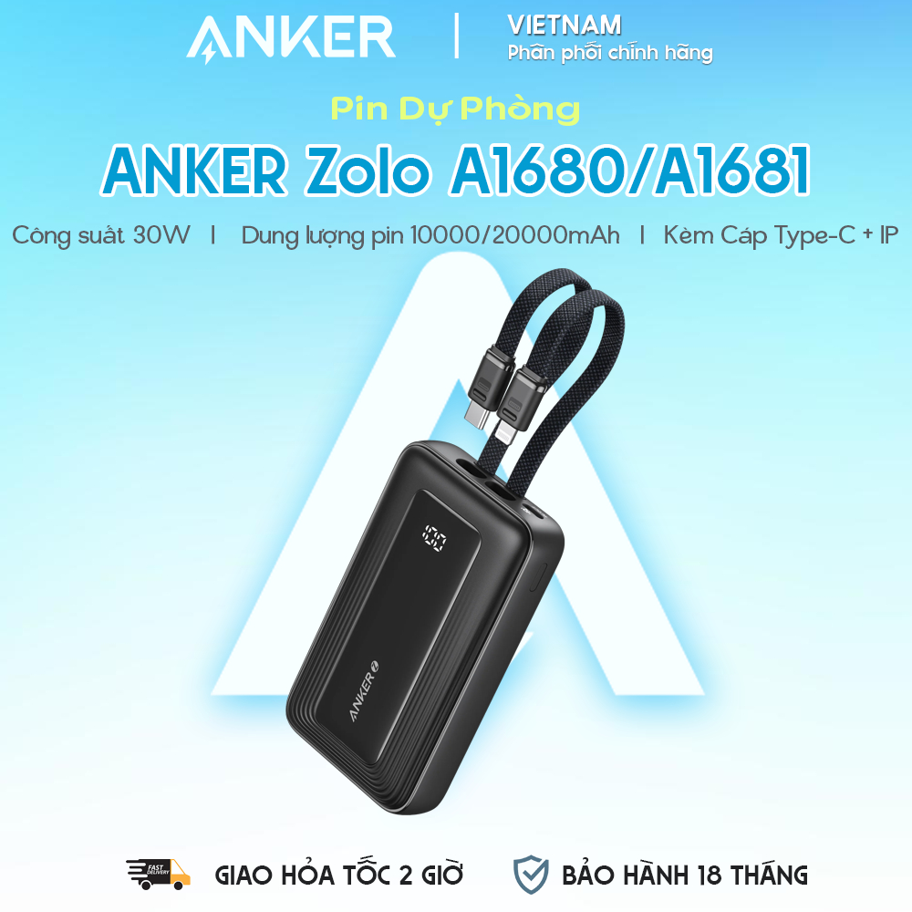 Pin Dự Phòng Kèm Cáp Type-C + Lightning ANKER Zolo A1680 10000mAh/20000mAh 30W (USB + Type-C Port, D