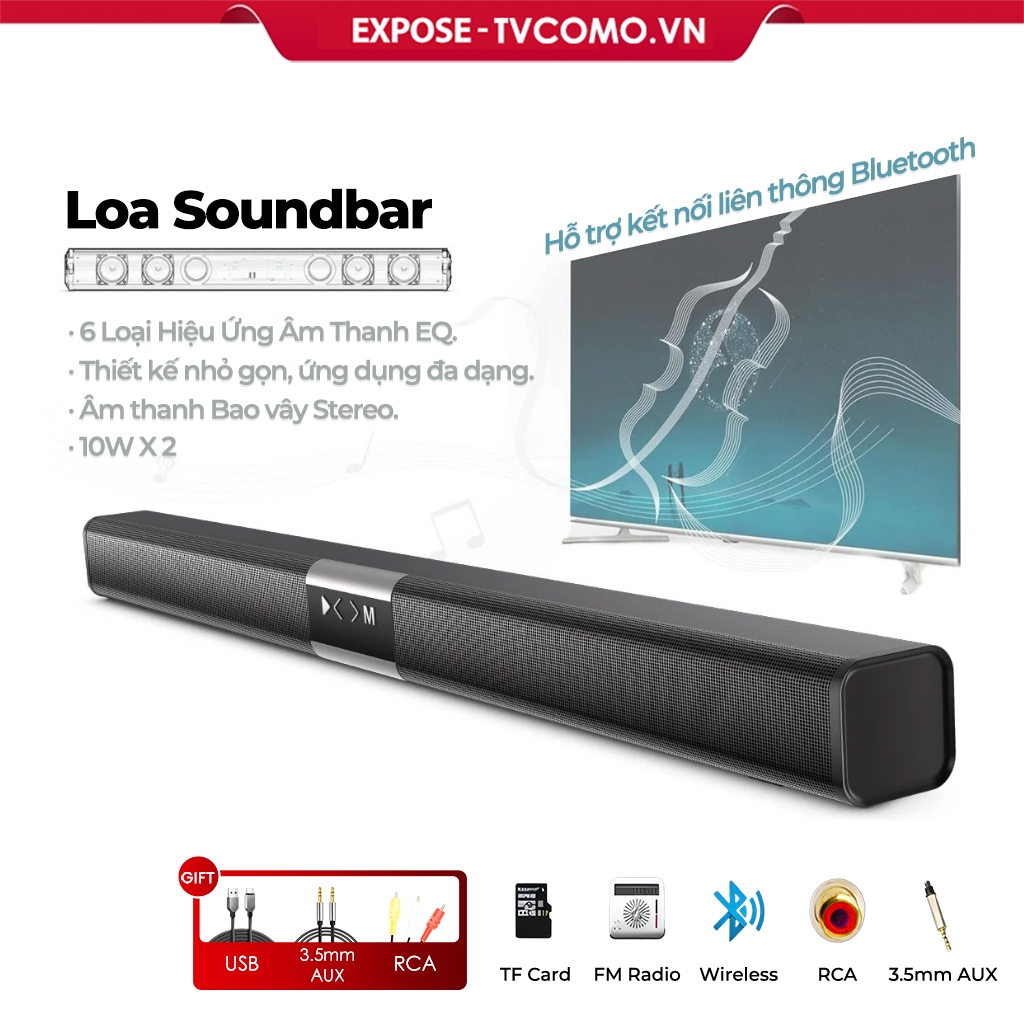 Loa Bluetooth TV Speaker 80cm Soundbar - Kết Nối Bluetooth/TF Card/USB/SD/AUX | Âm Bass Sóng Trầm, Tích Hợp 5 Cổng
