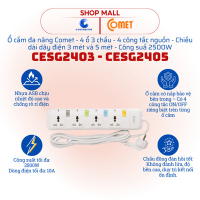 [HỎA TỐC] Ổ cắm đa năng Comet CESG2403/CESG2405 - Công tắc nguồn riêng biệt từng ổ cắm - 2500W