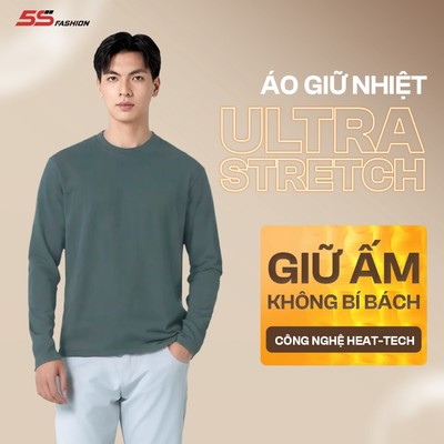 Áo Giữ Nhiệt Nam 5S FASHION HEAT-TECH Ultra Stretch, Cổ Tròn, Lót Bông Nỉ Cực Ấm, Trơn Basic M0AGN25102