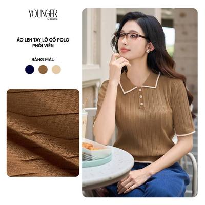 Áo len nữ CARDINA cổ polo tay lỡ phối viền 5YALC01