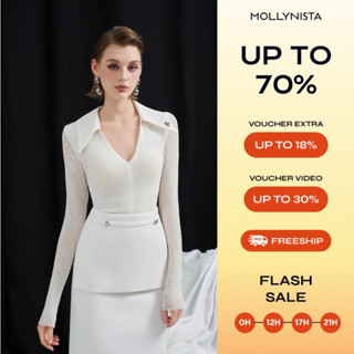 Áo thiết kế ren tay dài lá cổ lớn MOLLYNISTA thanh lịch nữ tính cao cấp tôn dáng