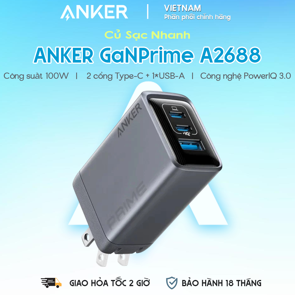 Củ Sạc Nhanh 2C+1A ANKER GaNPrime A2688 100W (ActiveShield™ 2.0, MultiProtect™, GaNPrime™, PowerIQ™ 