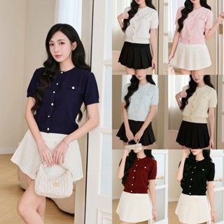  DELIZ - Áo len cộc tay phối cúc đồng chất len lông thỏ mềm mại hàng thu đông PL48 