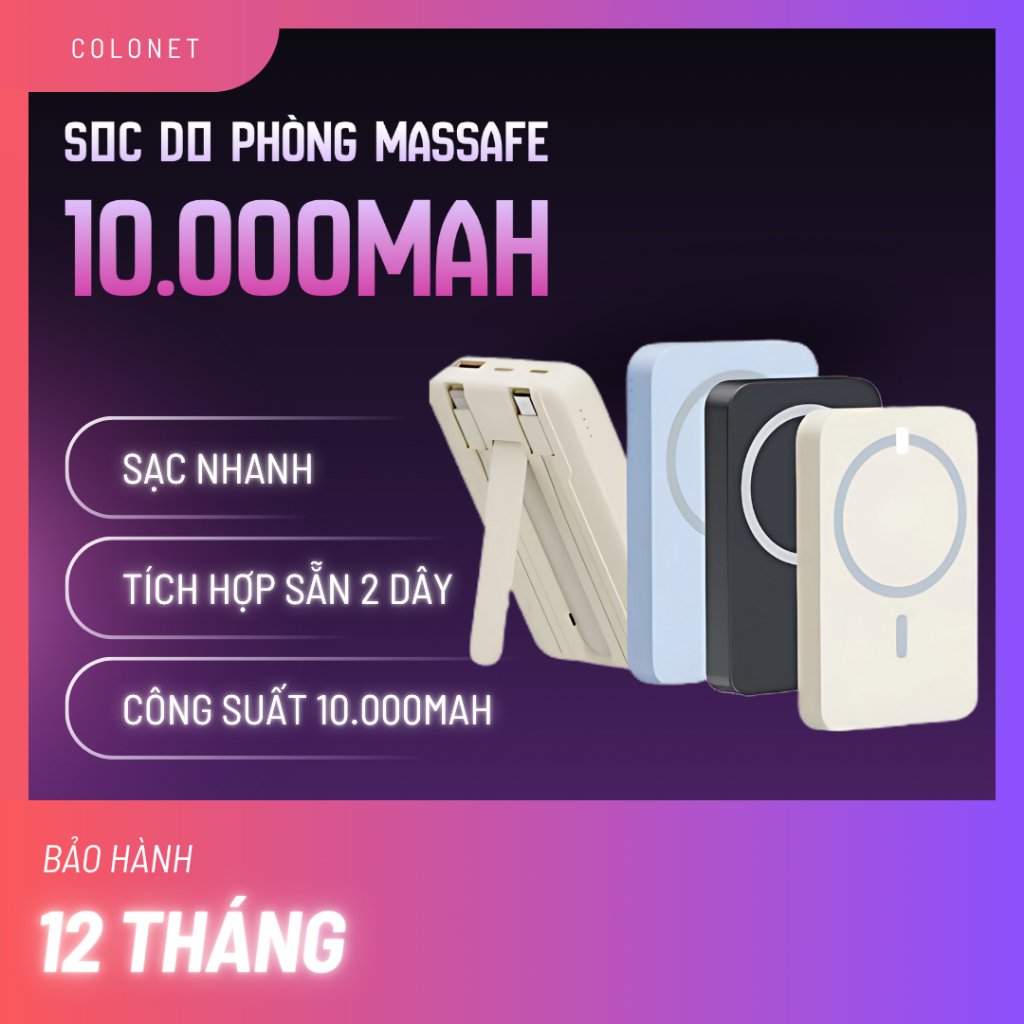Sạc Dự Phòng cho IP Không Dây 10.000mAh Sạc Nam Châm + Chân Đế + có sẵn 2 Dây Sạc Tiện Lợi - Sạc Nhanh - an toàn
